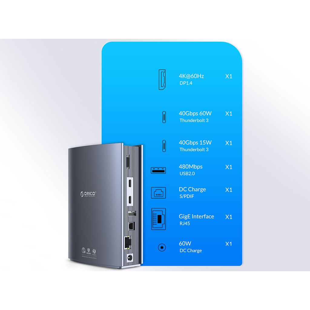 ORICO Priključna postaja USB-C Thunderbolt 3, 15 v 1, 5x USB, 2x TB3, 2x USB-C, DP, RJ45, SD+TF, audio, ORICO TB3-S3