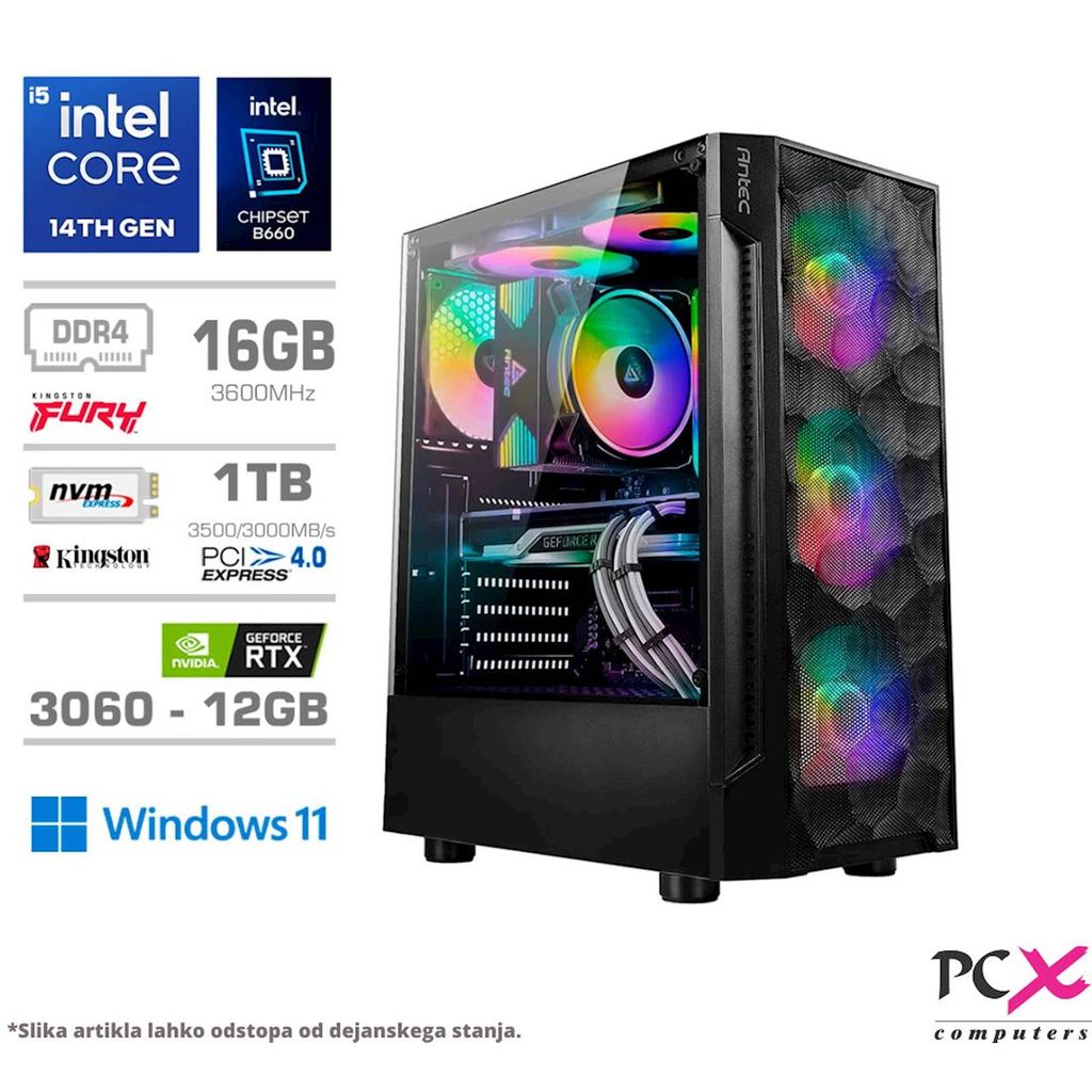 PCX gaming namizni računalnik Exton, i5 14400/16GB/1TB/RTX3060/RGB/Win11 Home