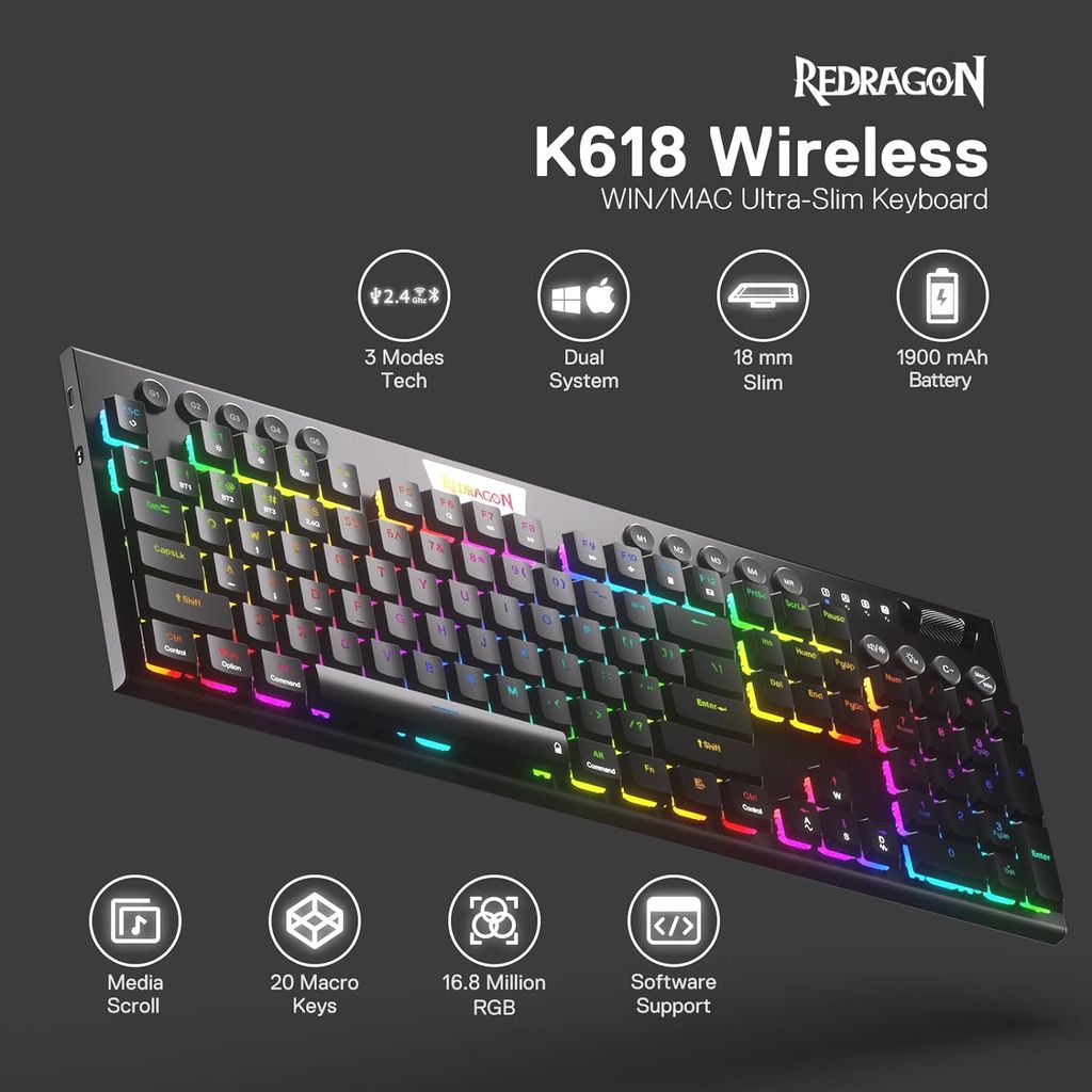 REDRAGON tipkovnica HORUS PRO K618RGB-PRO WIRED & 2.4G & BT