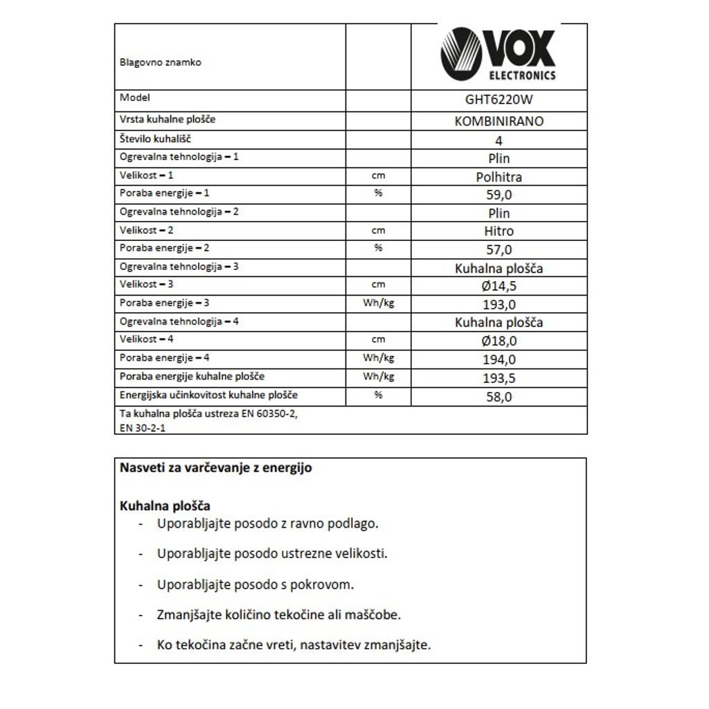 VOX kombinirani štedilnik GHT 6220 W (2x plin, 2x elektrika)