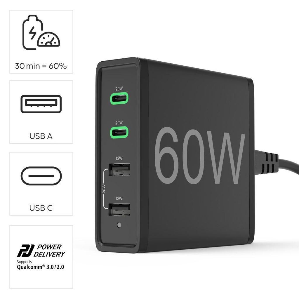 HAMA Hitri polnilnik s 4 priključki, 2x USB-C PD/QC, 2x USB-A, 60 W, črn