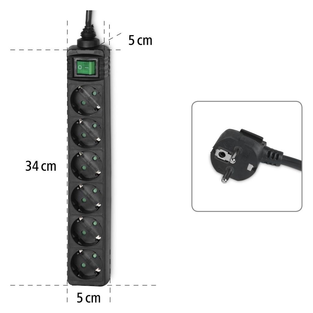 HAMA podaljšek, 6-kanalni, s stikalom, 3 m, črn