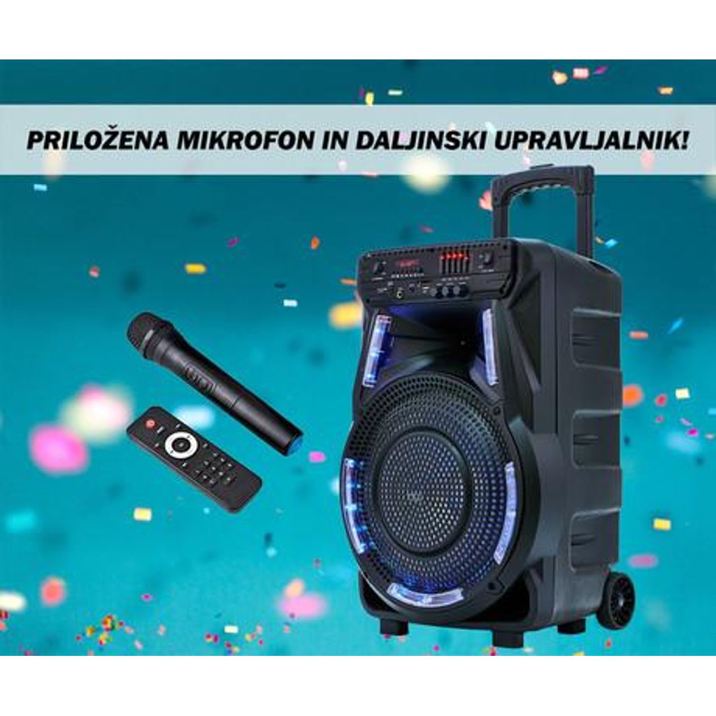 MANTA SPK5033, Karaoke zvočni sistem, prenosni/voziček, vgrajena baterija, Bluetooth 5.0, USB/MP3/SD/RADIO FM, Disco LED lučke, TWS